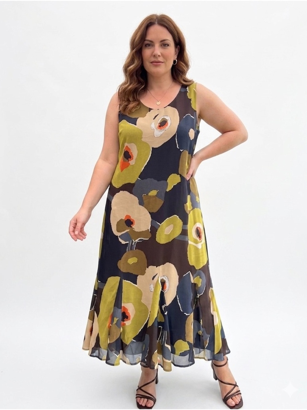 Sleeveless Floral Maxi Dress in Navy & Olive